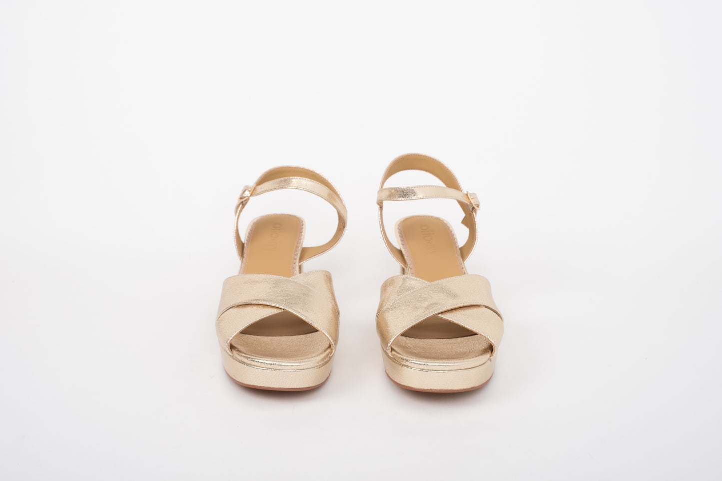 Front shot of womens gold block heeled sandal, in sizes 8 9 10 11 12 and wide fit