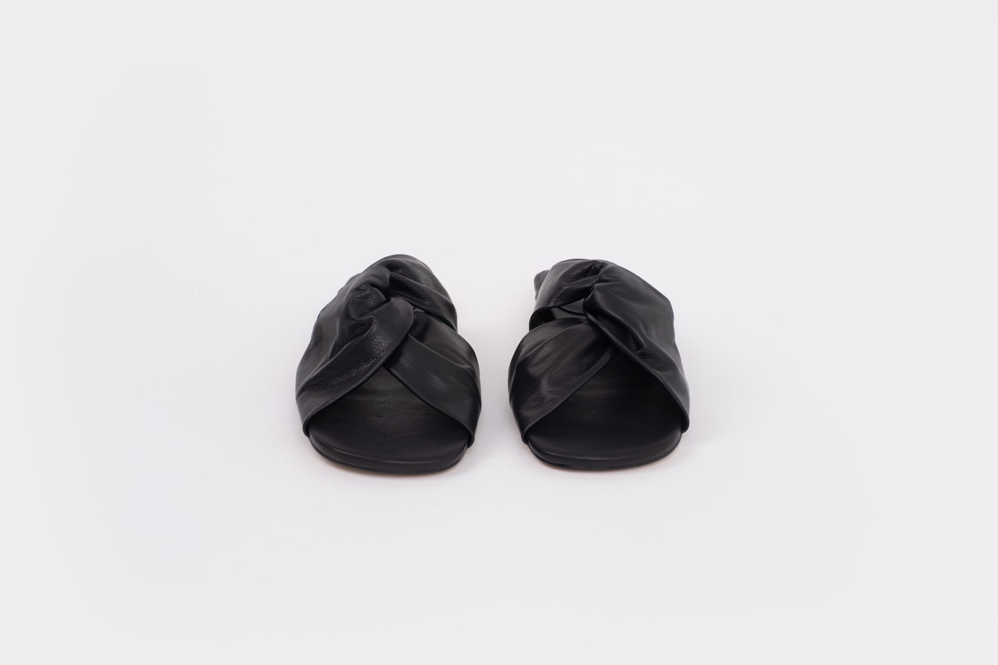 Front shot of black leather womens sandal in larger sizes 8-12