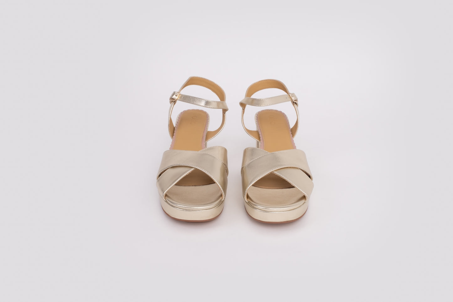 Front veiw of Frankie sandal in gold, a womens heeled strappy sandal available in larger womens sizes 8-12