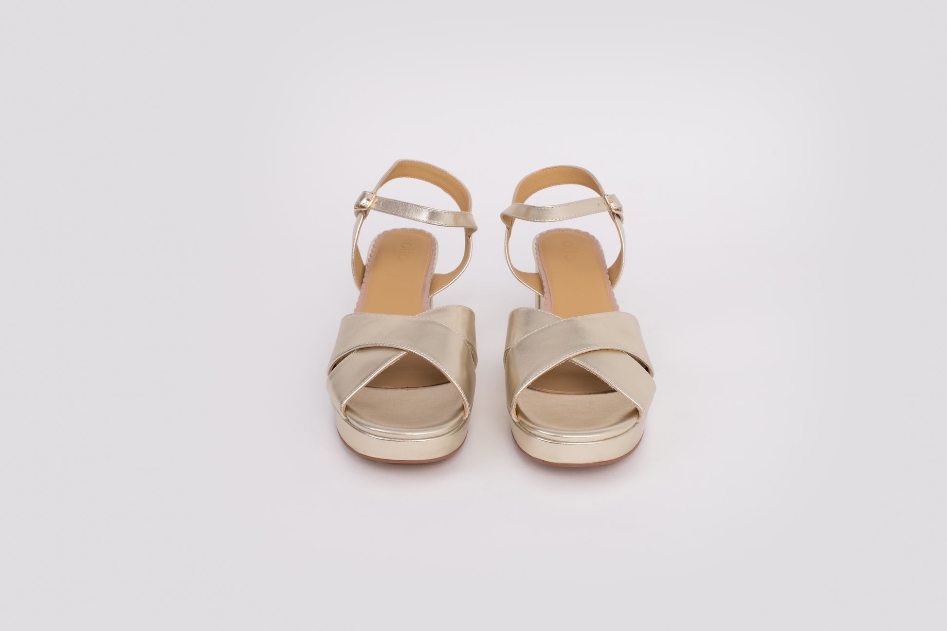 Front veiw of Frankie sandal in gold, a womens heeled strappy sandal available in larger womens sizes 8-12
