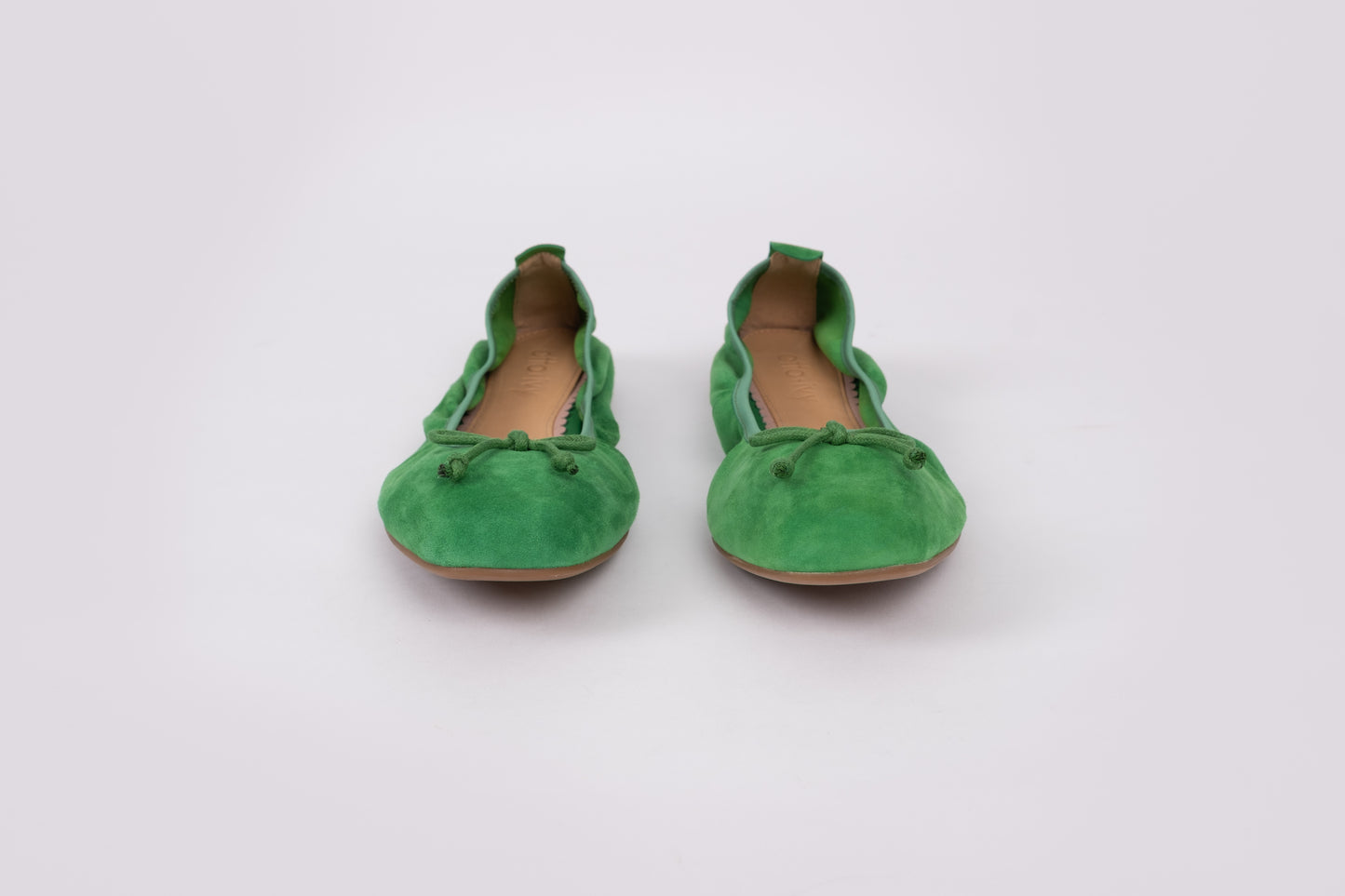 Front view of womens flat shoe Olivia in green. Available in larger sizes 42-46