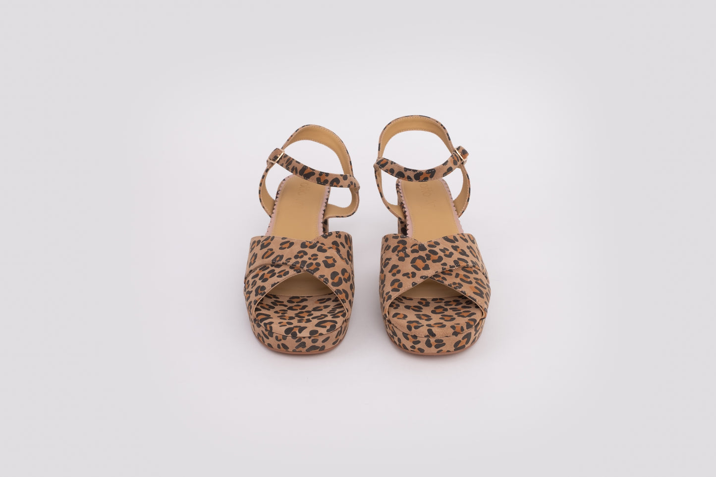 Front profile of Frankie Sandal in Leopard print, a womens block heel available in UK sizes 8-12