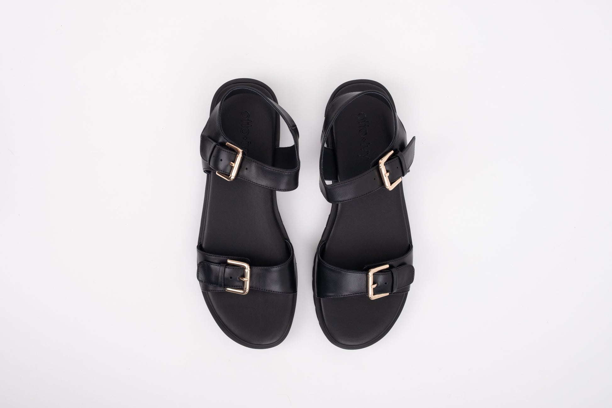 Aerial shot of womens large sized black leather chunky sandal in large sizes 8 9 10 11 12