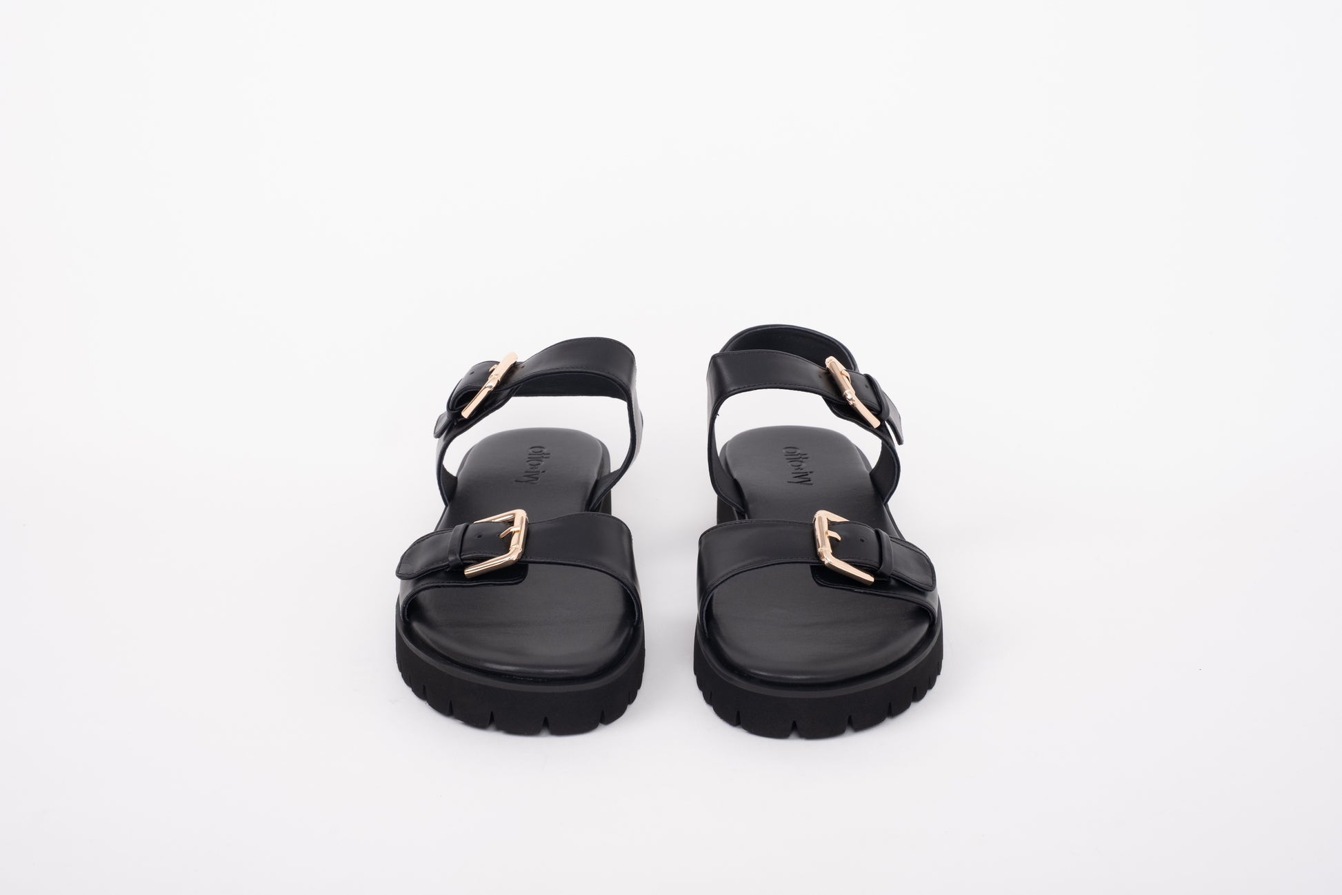 Front shot of womens black leather chunky sandal in large sizes 42 43 44 45 46
