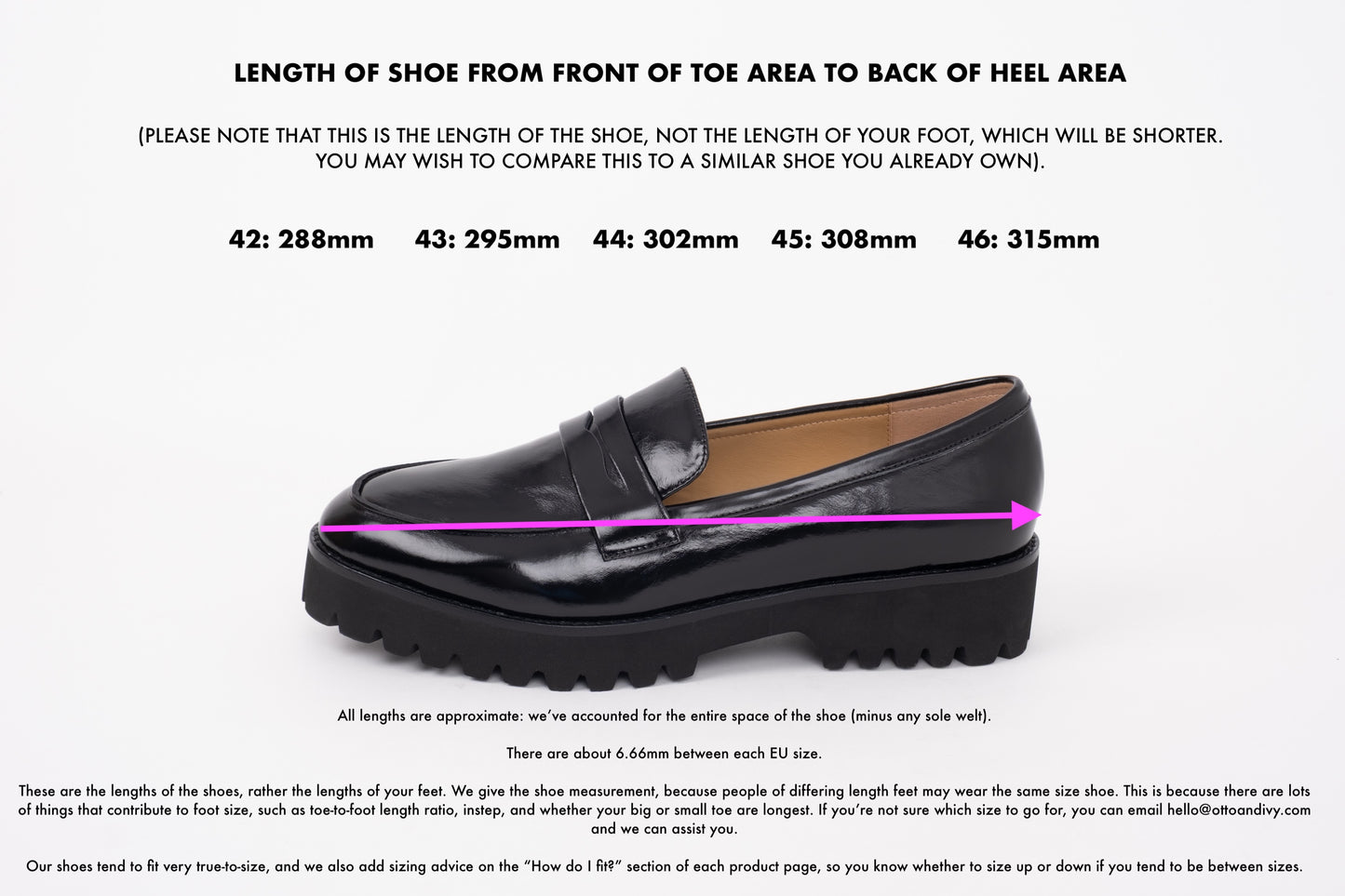 Measurement diagram of Harriet loafer displaying sizes of womens shoes 42-46