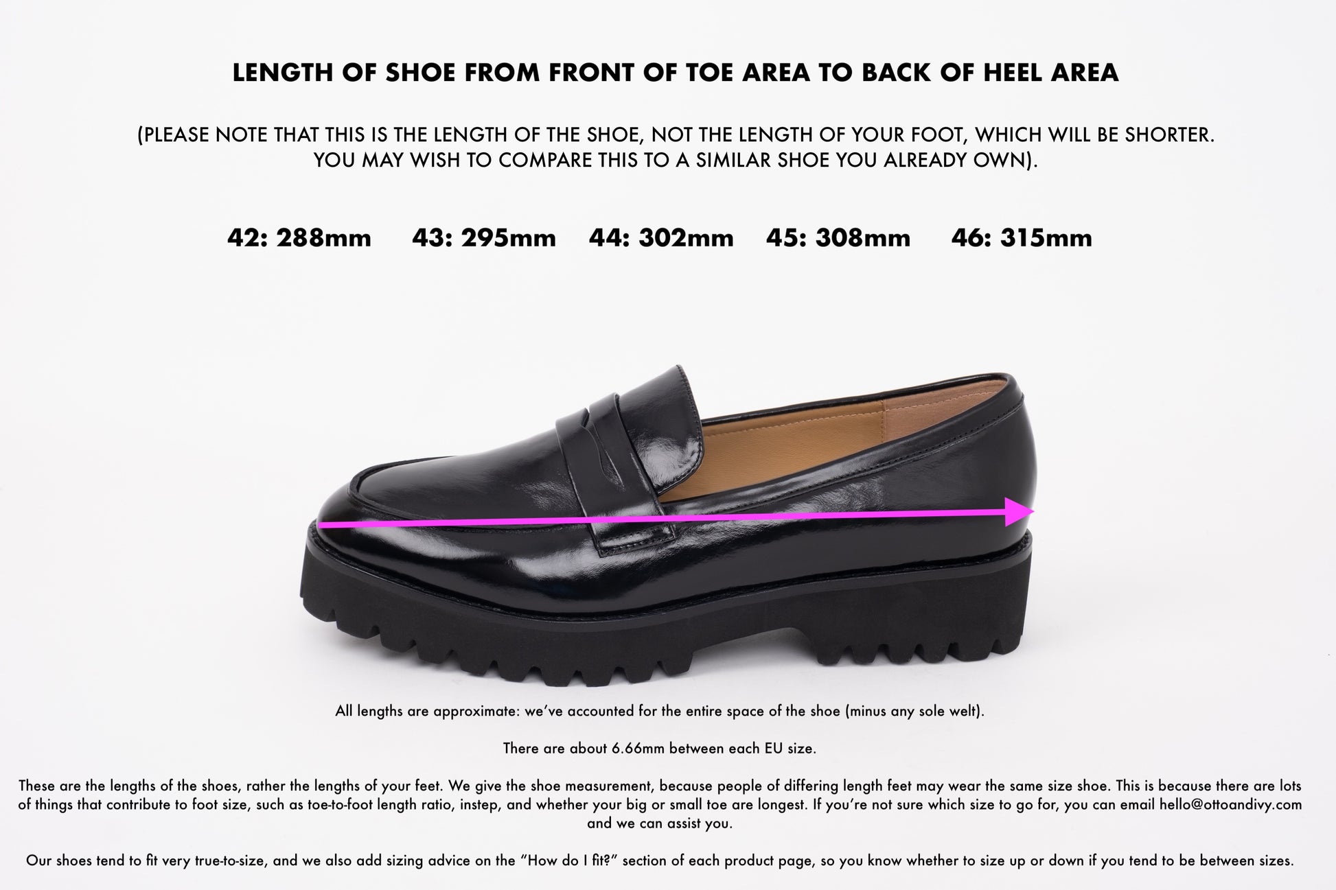 Measurement diagram of Harriet loafer displaying sizes of womens shoes 42-46