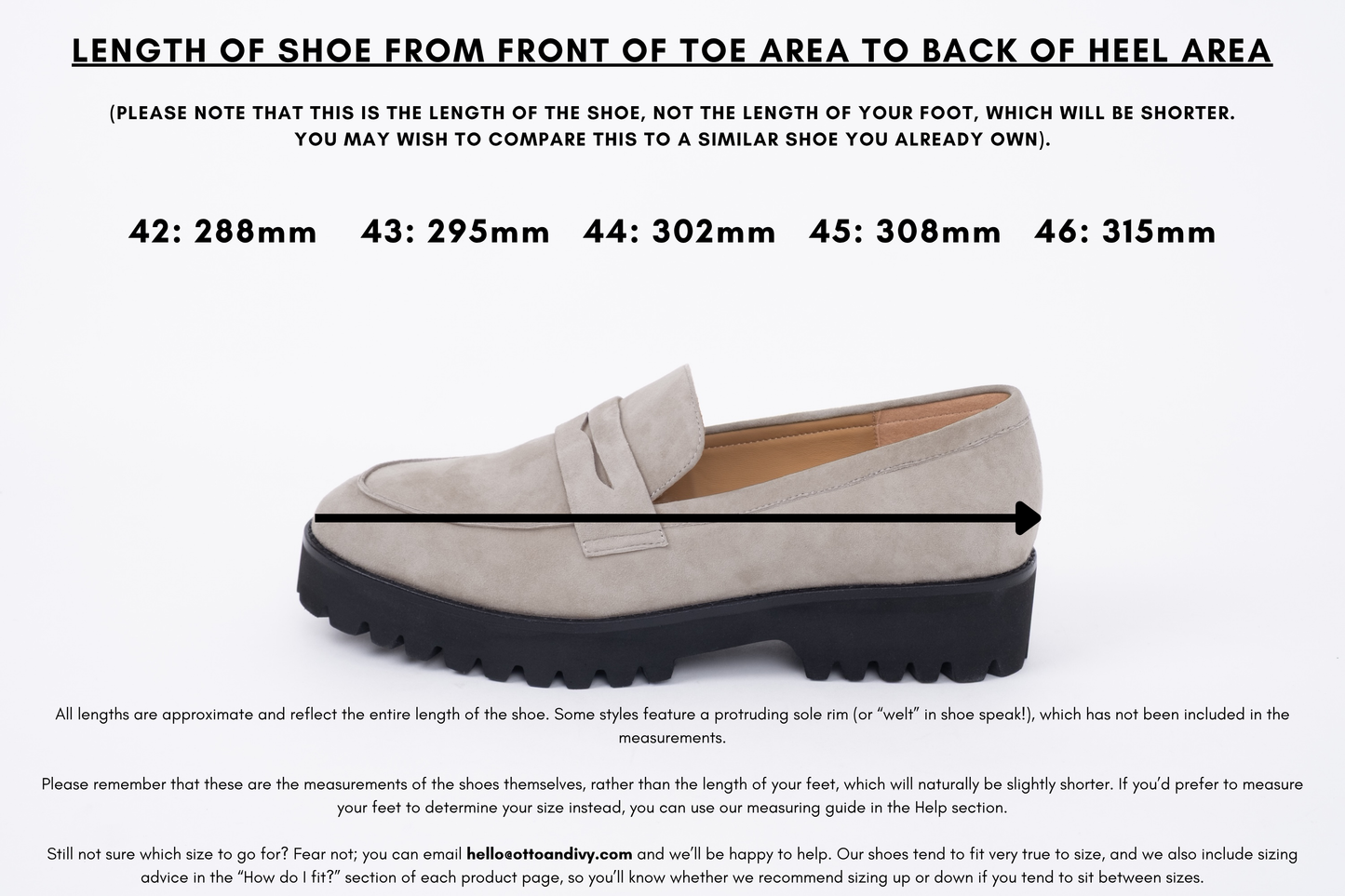 Measurement diagram displaying lengths of womens large size shoes in sizes 42,43,44,45 and 46.