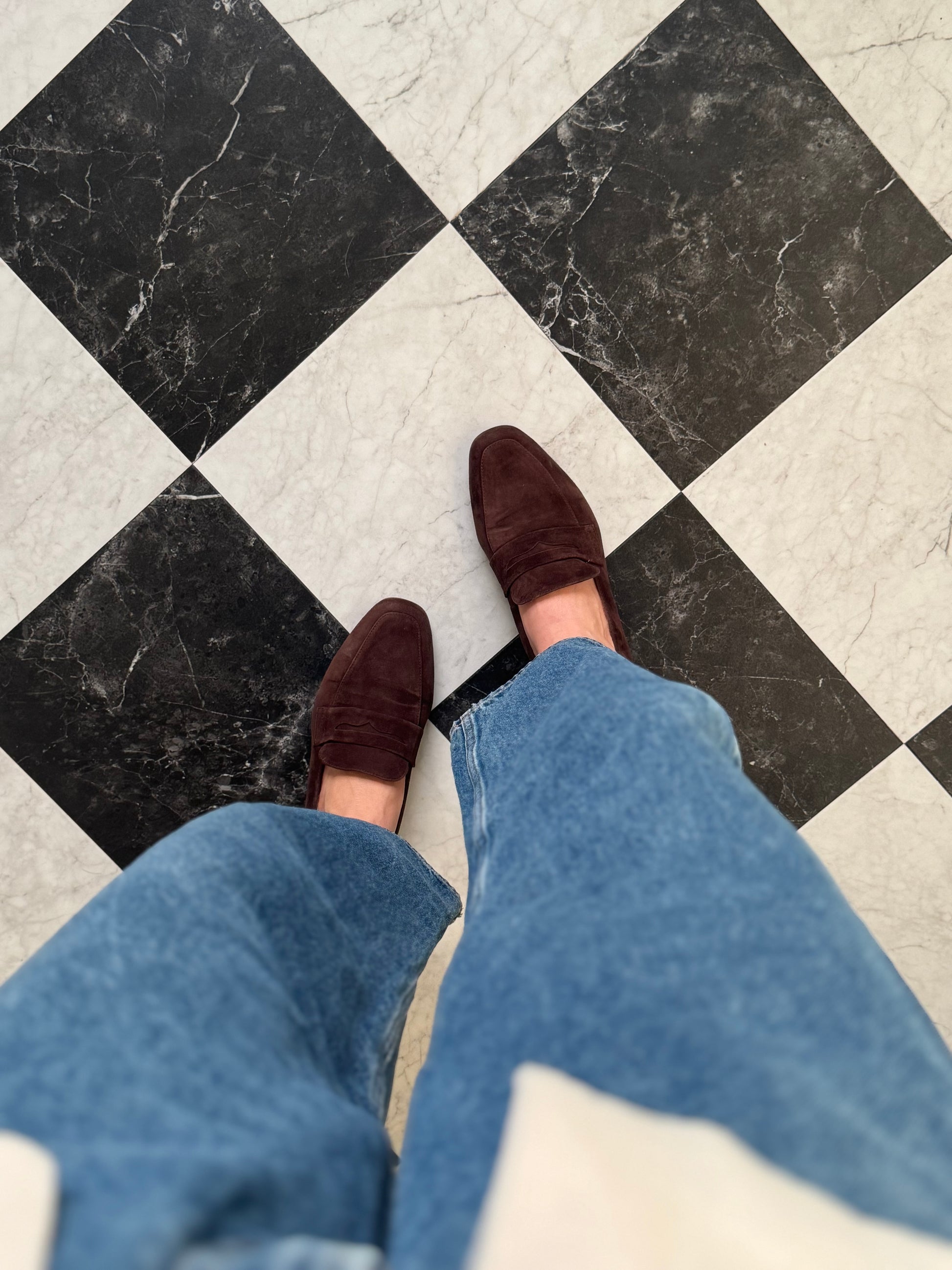 Aerial shot of womens large sized chocolate brown suede loafer in sizes 8 9 10 11 12