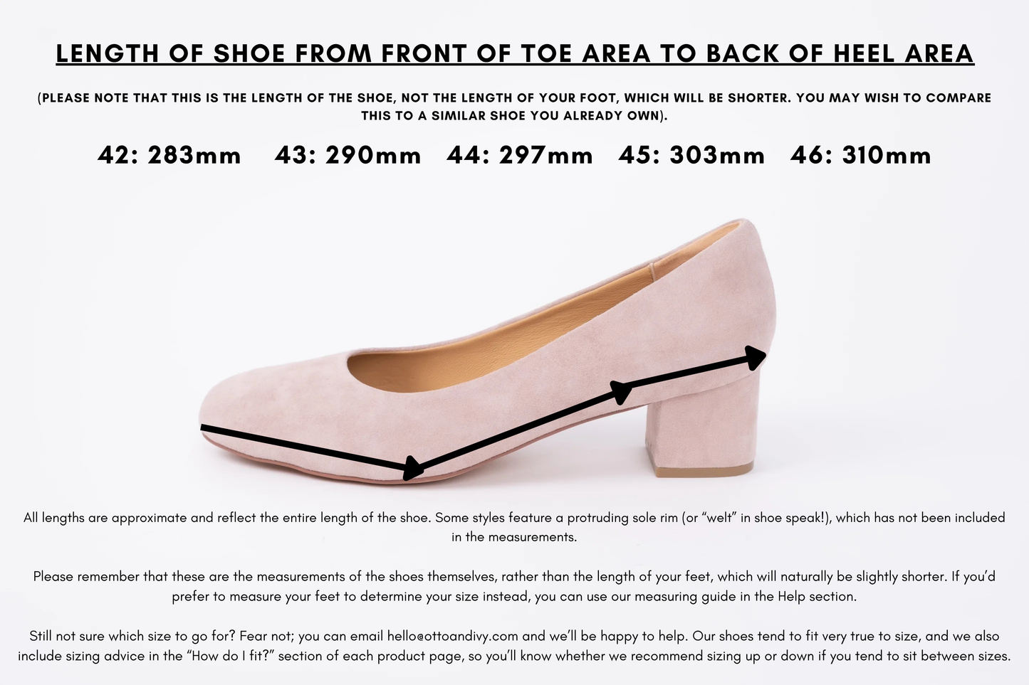 Measurement diagram displaying lengths of womens large size shoes in sizes 42,43,44,45 and 46.