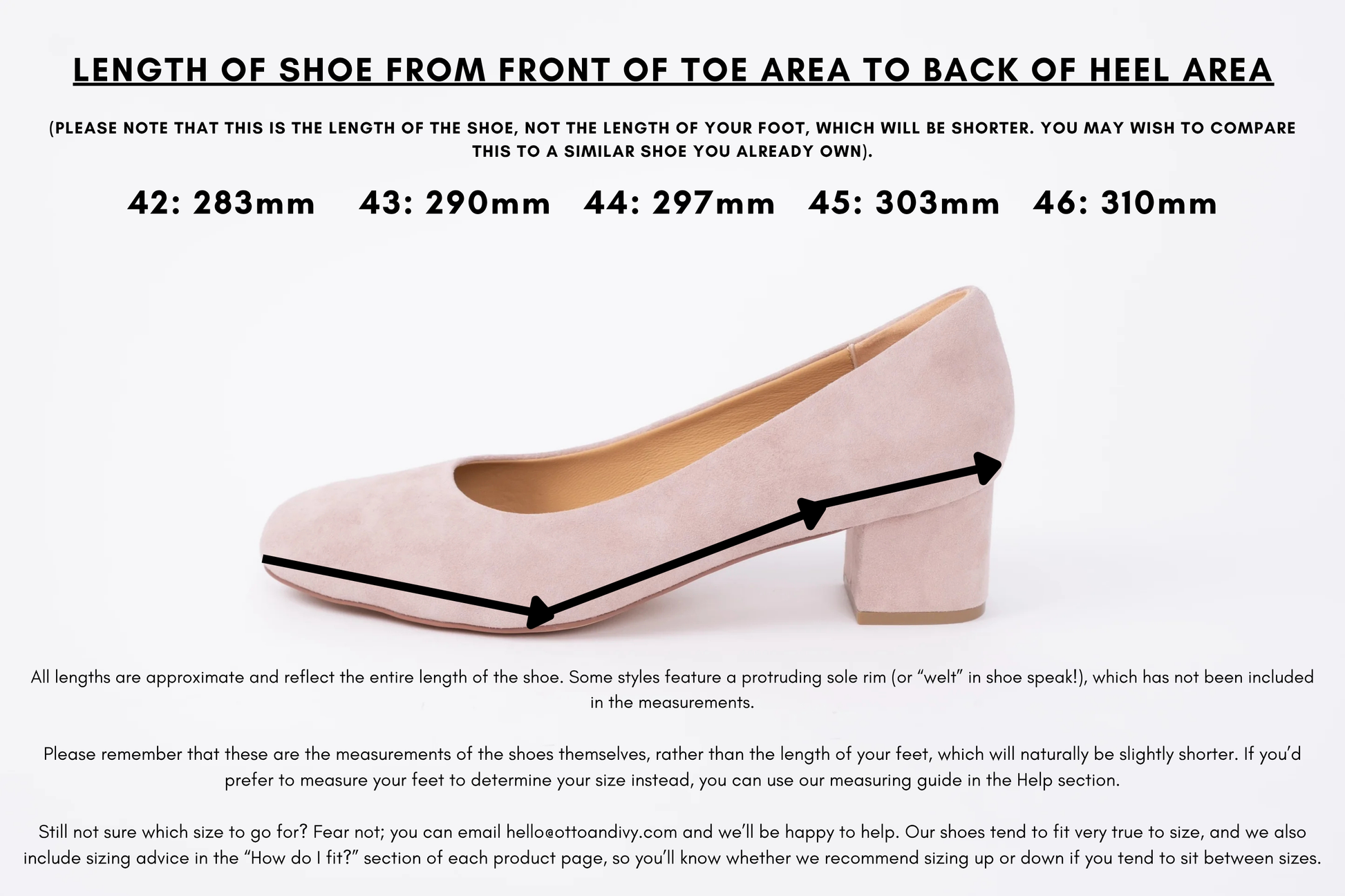 Measurement diagram displaying lengths of womens large size shoes in sizes 42,43,44,45 and 46.