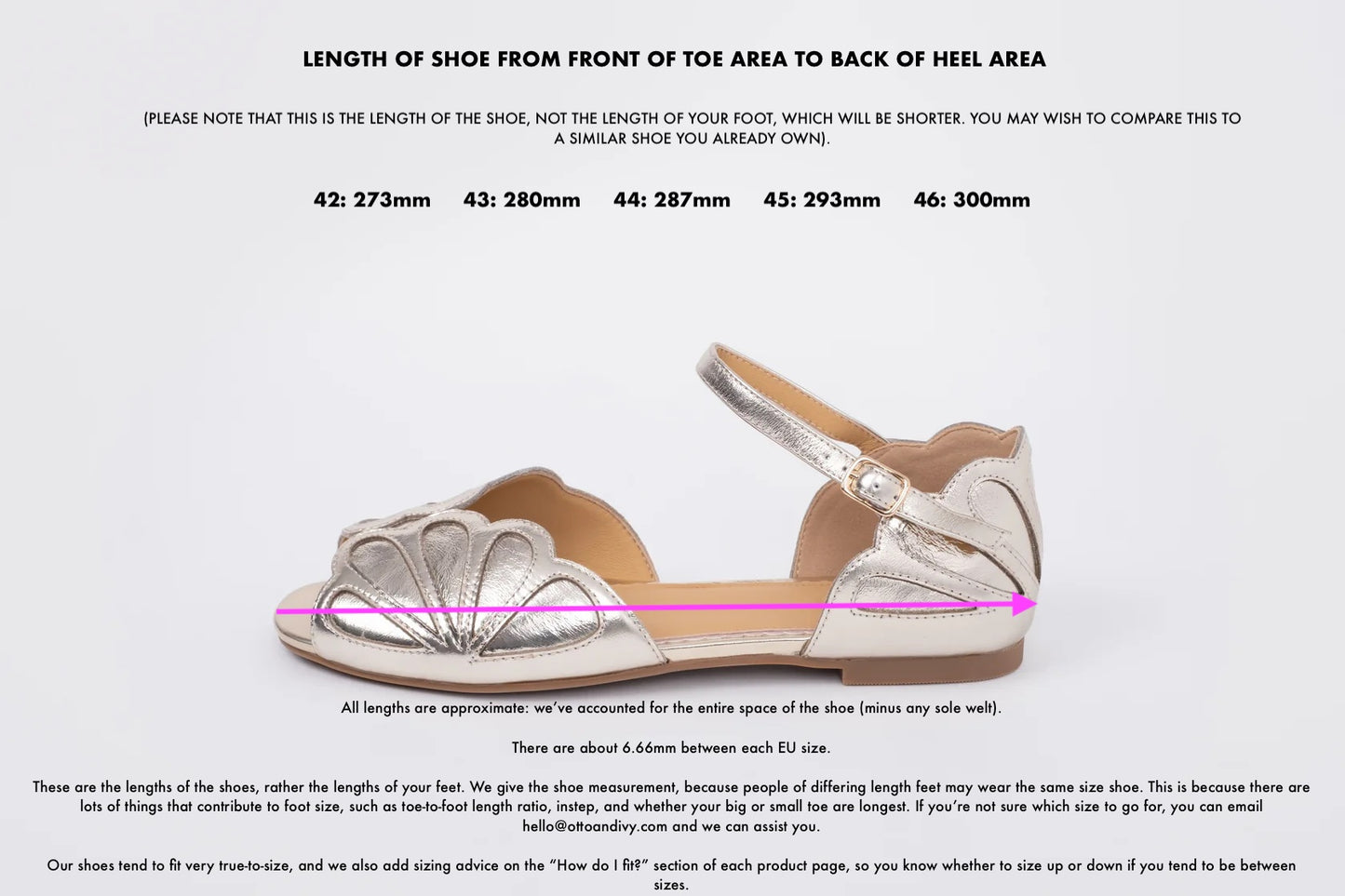 Length diagram of Lola sandal displaying measurements in size 42-46