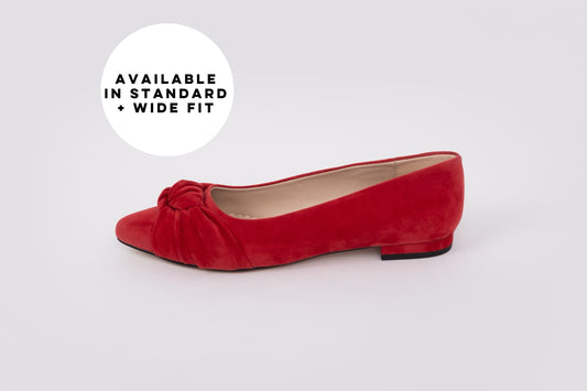 Side profile view of the Fifi Flats in Red Suede. Larger size shoes available in UK 8-12 standard and wide fit.
