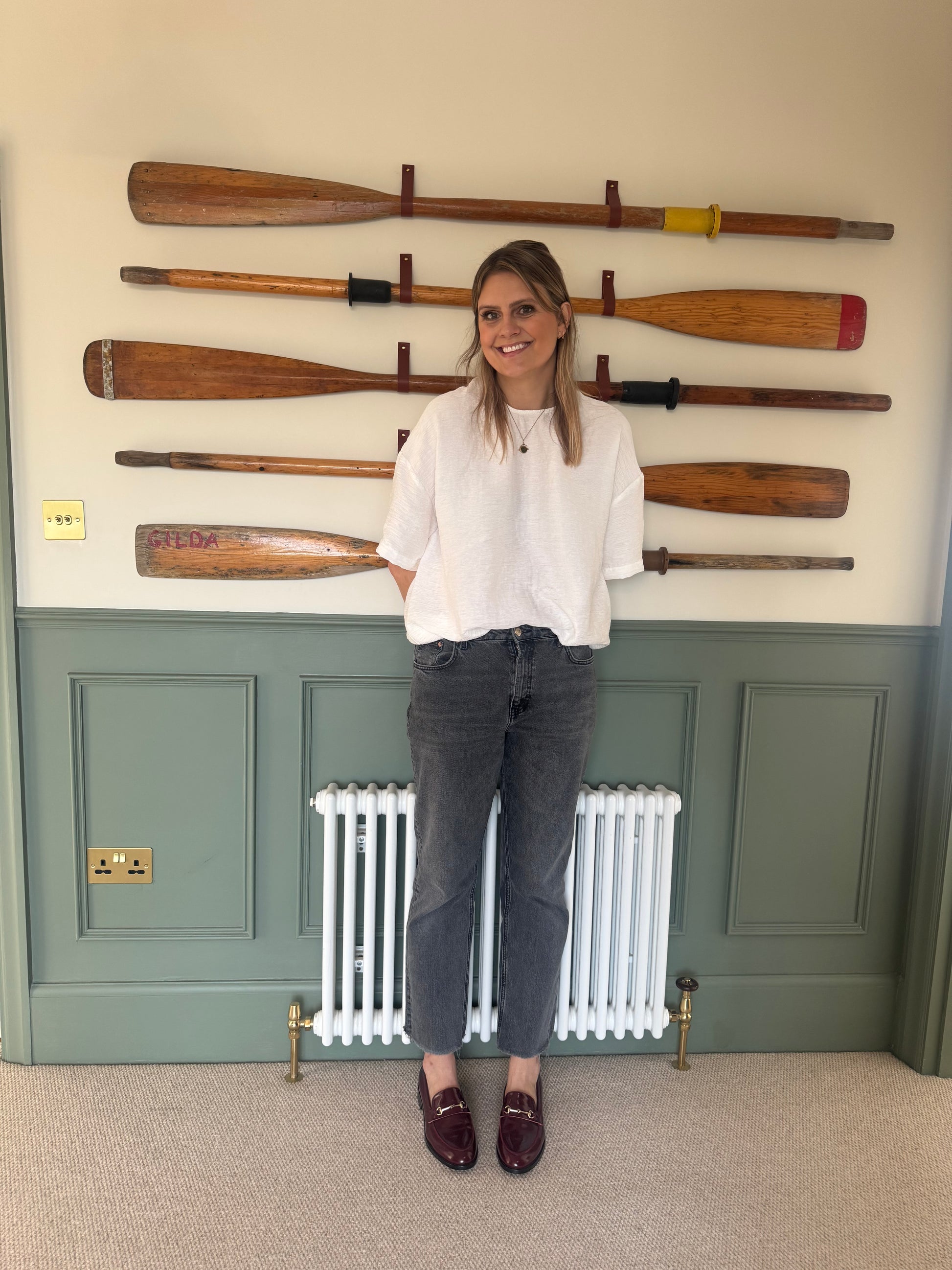 Laura wearing red leather loafer womens shoe in larger sizes 8 9 10 11 12, standard and wide fit