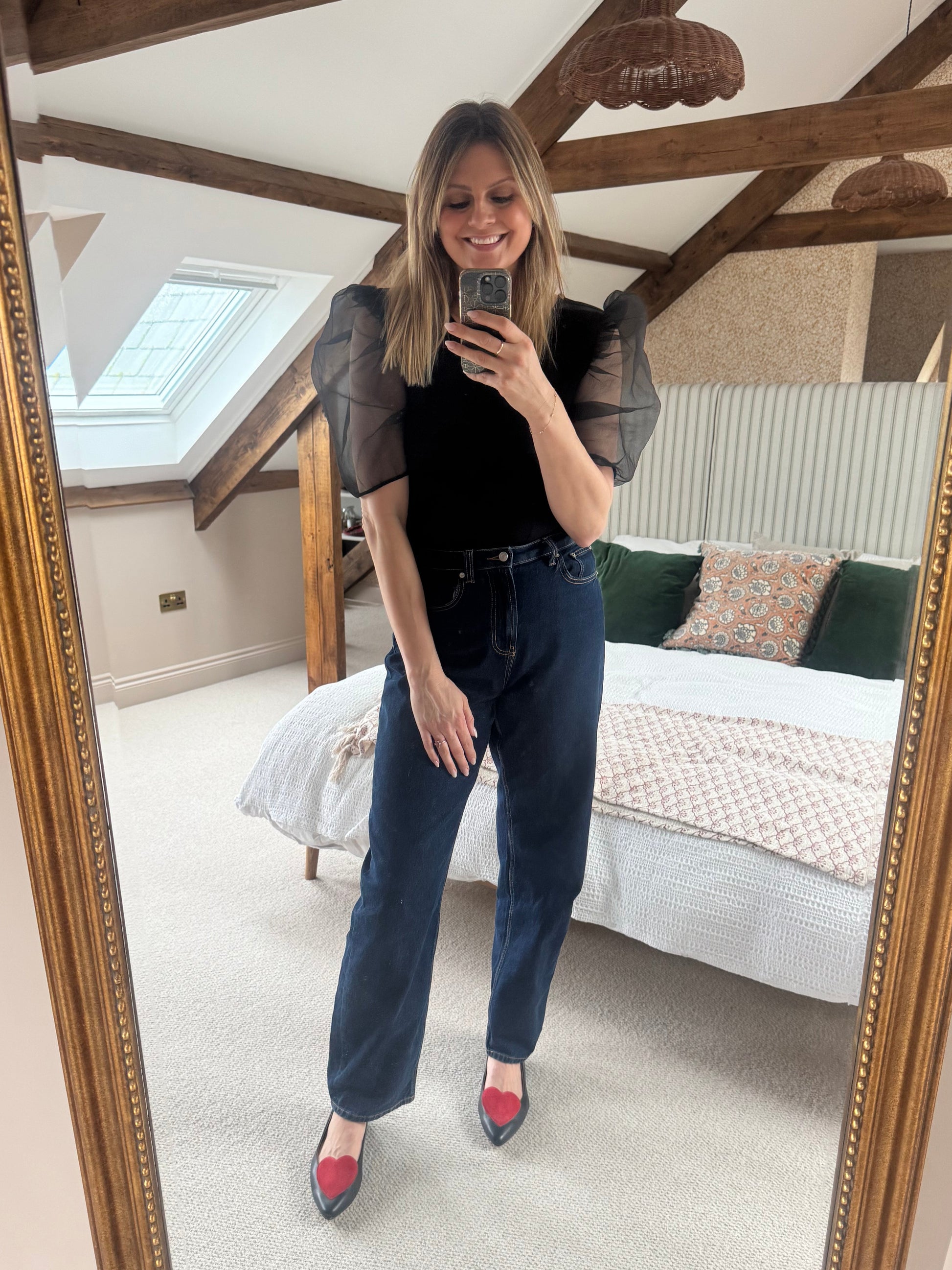 Large size womens heart flat shoe in red and black in large sizes 42 43 44 45 46