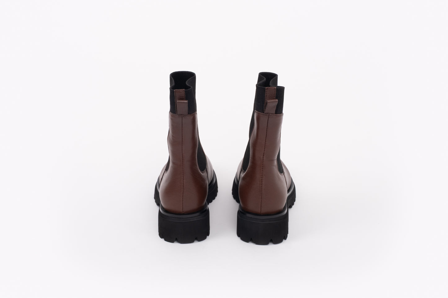 Back shot of brown leather Chelsea ankle boots in womens large sizes 42-46 standard and wide fit