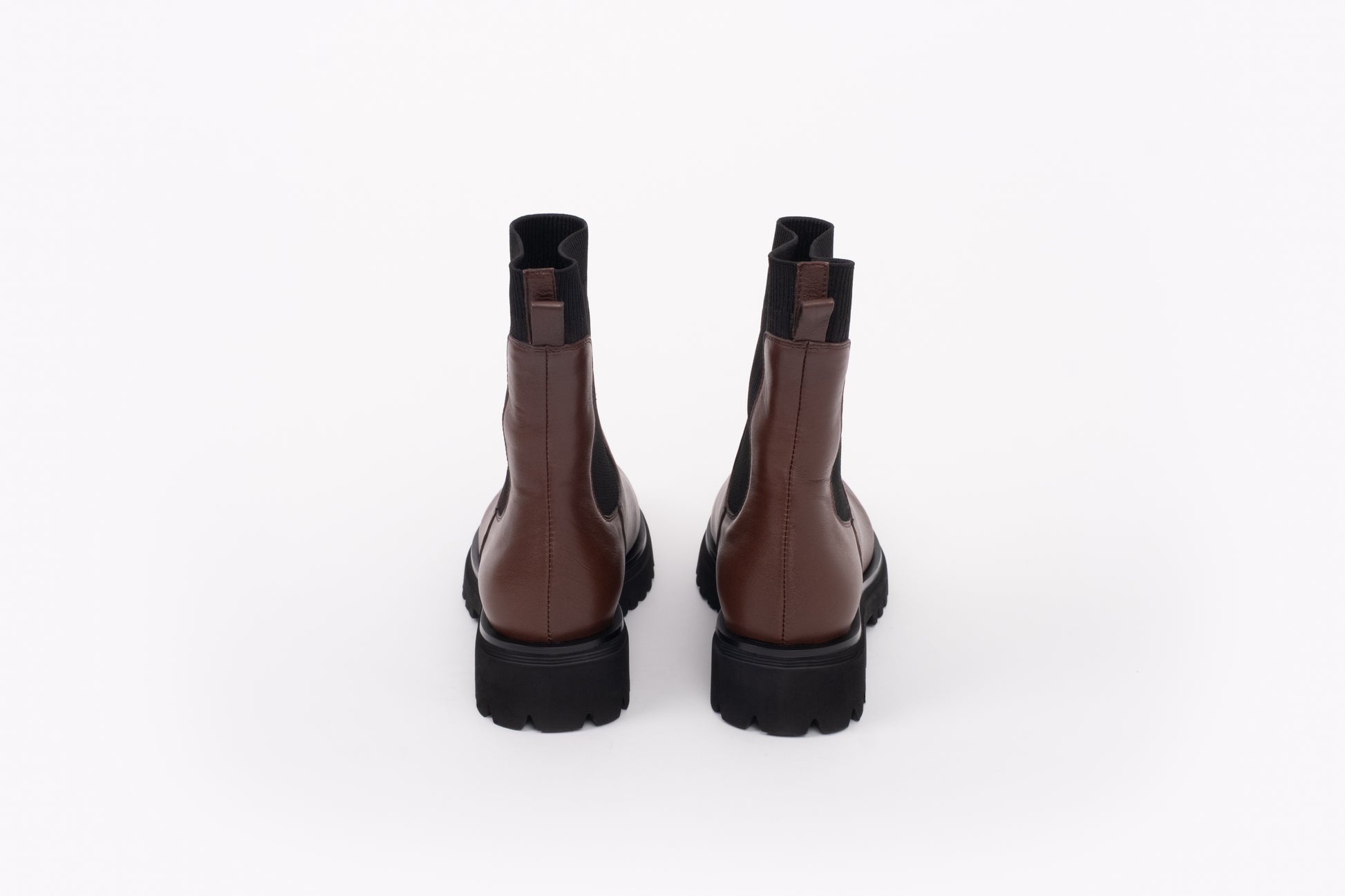 Back shot of brown leather Chelsea ankle boots in womens large sizes 42-46 standard and wide fit