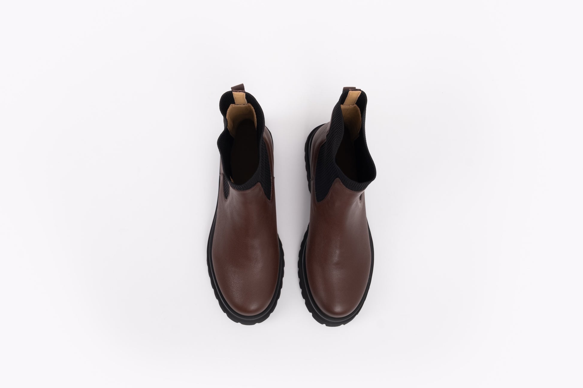Aerial shot of dark brown leather ankle Chelsea womens boots available in sizes 8 9 10 11 12 standard and wide fit