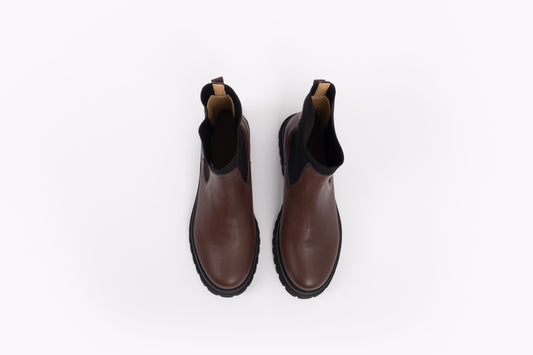 Aerial shot of dark brown leather ankle Chelsea womens boots available in sizes 8 9 10 11 12 standard and wide fit