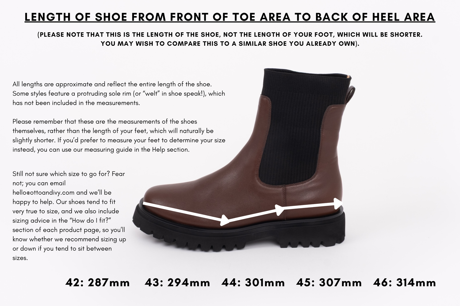 Measurement diagram displaying lengths of womens large size shoes in sizes 42,43,44,45 and 46.