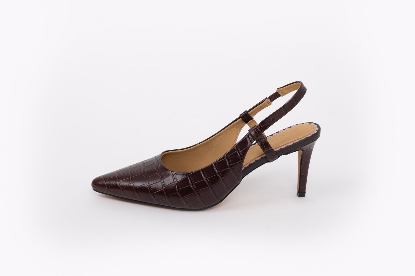 Side shot of brown croc leather womens slingback stiletto heeled shoe in large sizes 42-26 standard and wide fit