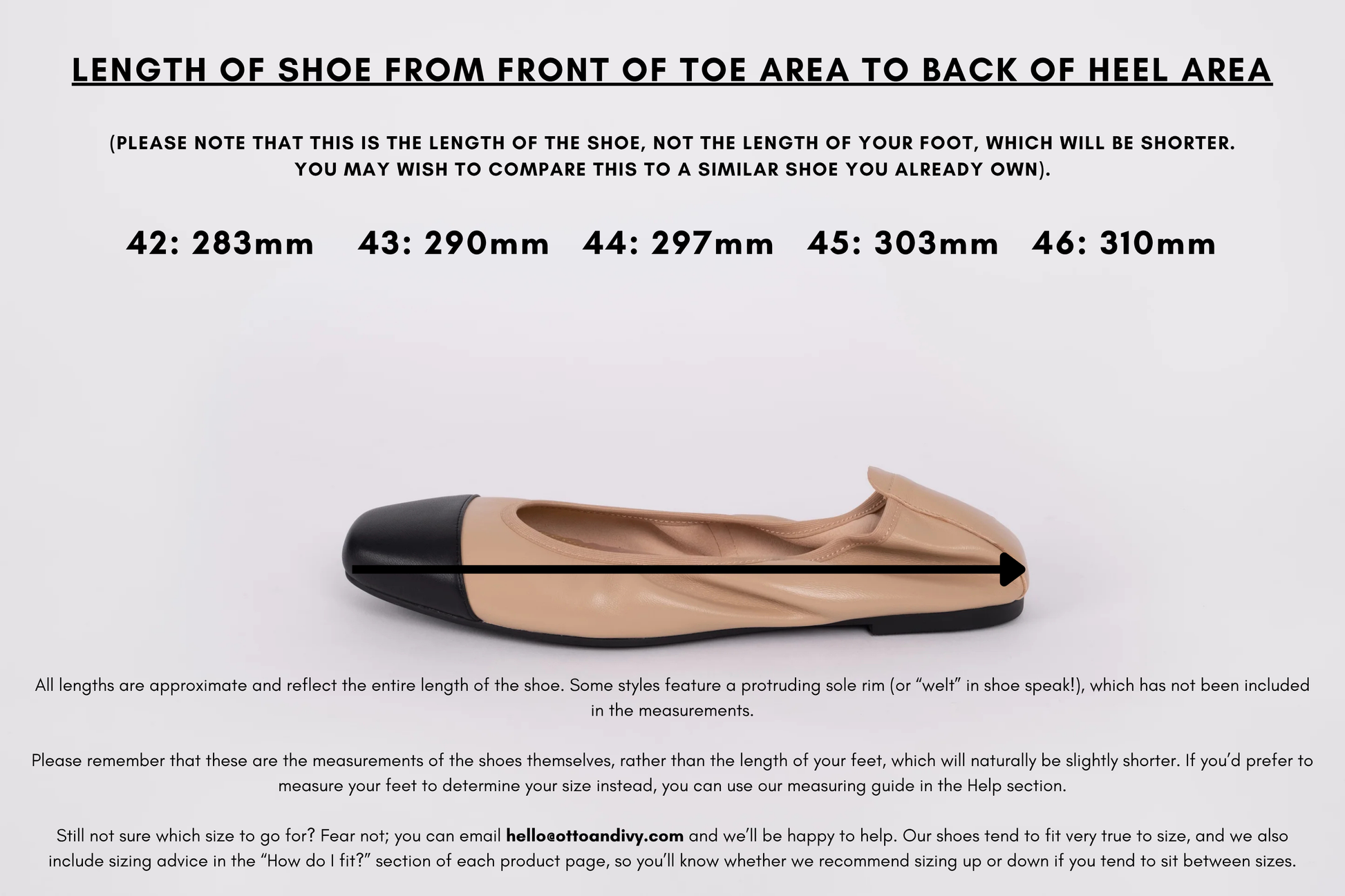 Measurement diagram displaying lengths of womens large size shoes in sizes 42,43,44,45 and 46.