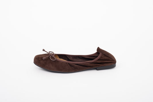 Side shot of womens large sized brown suede ballet pump available in sizes 8 9 10 11 12