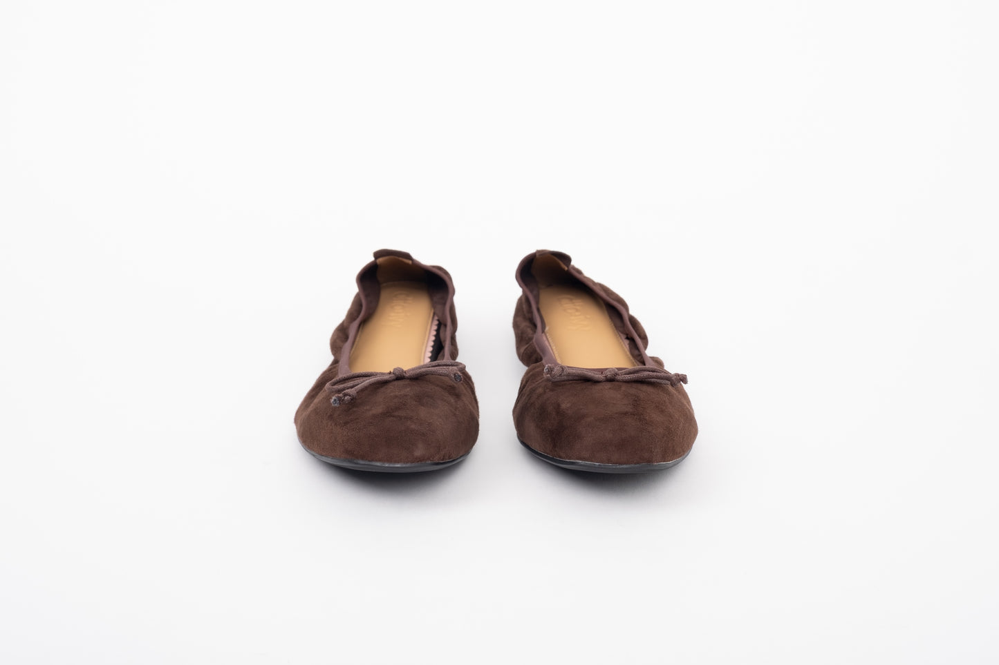 Front shot of womens brown suede flat ballet shoe in large sizes 8-12 42-46