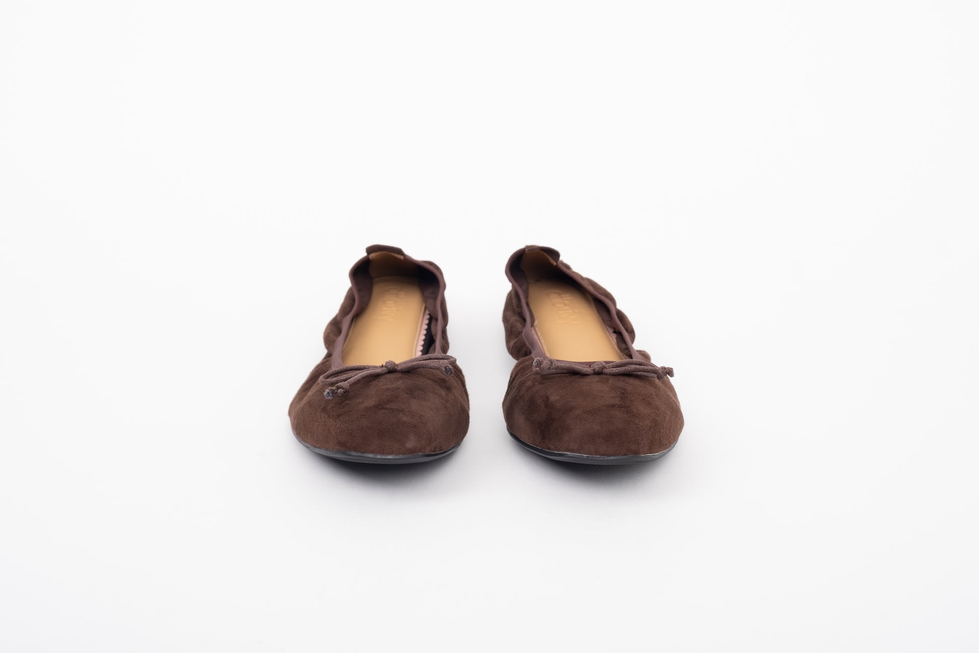 Front shot of womens brown suede flat ballet shoe in large sizes 8-12 42-46