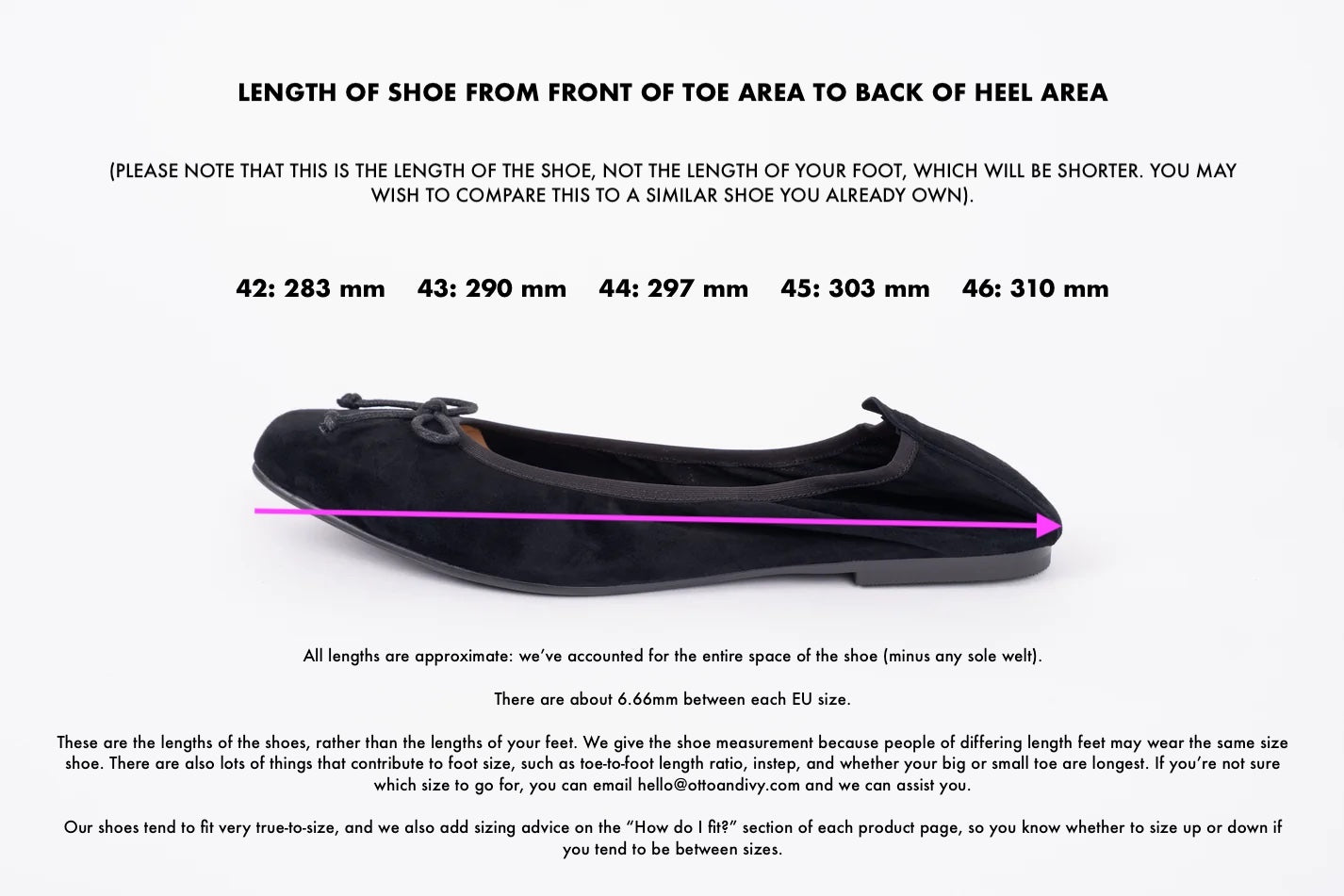 length diagram displaying measurements of sizes 42-46 of the Olivia flat.