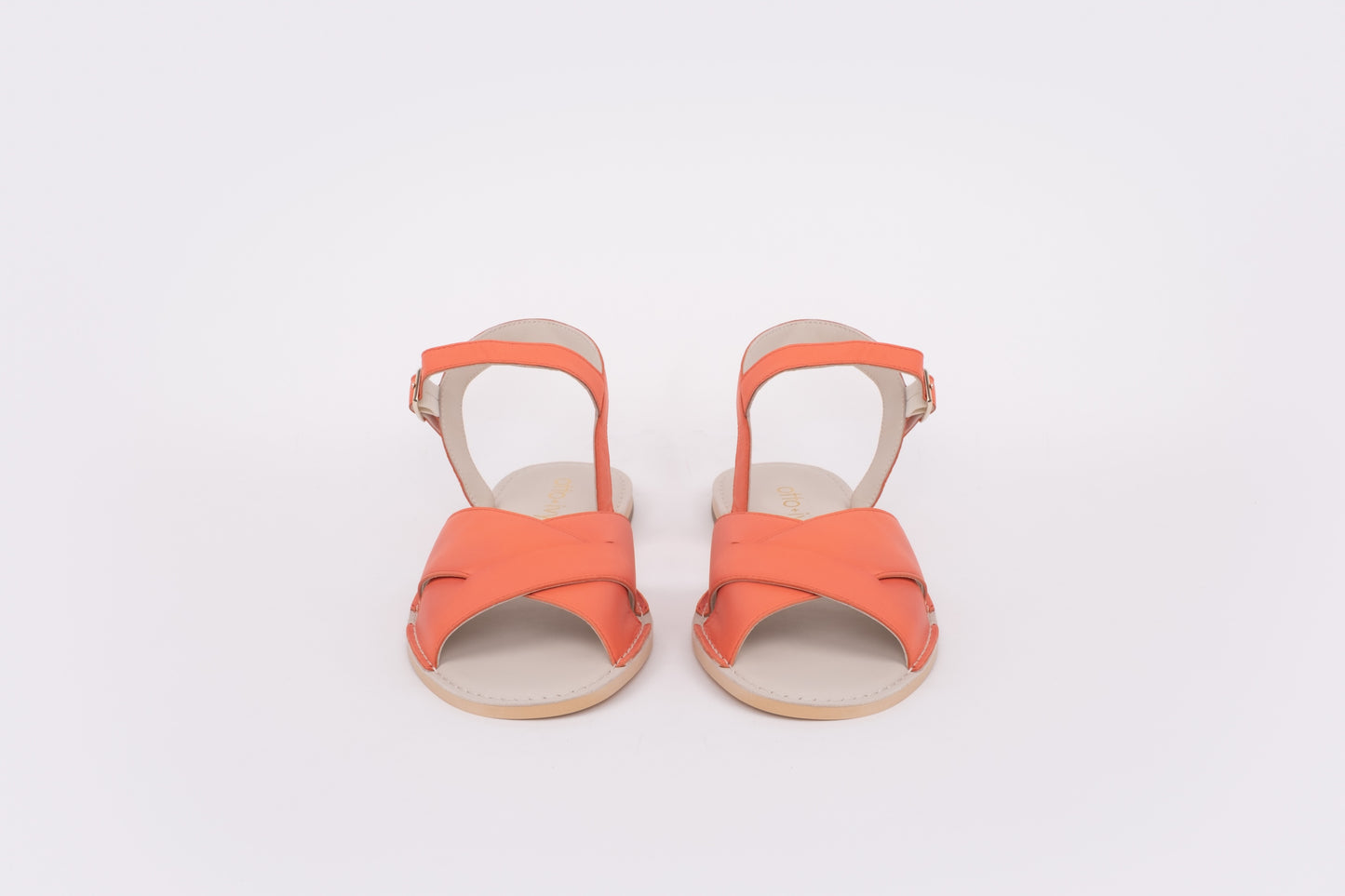 Front shot of womens orange coral leather large sizes sandal size 8 9 10 11 12 wide fit