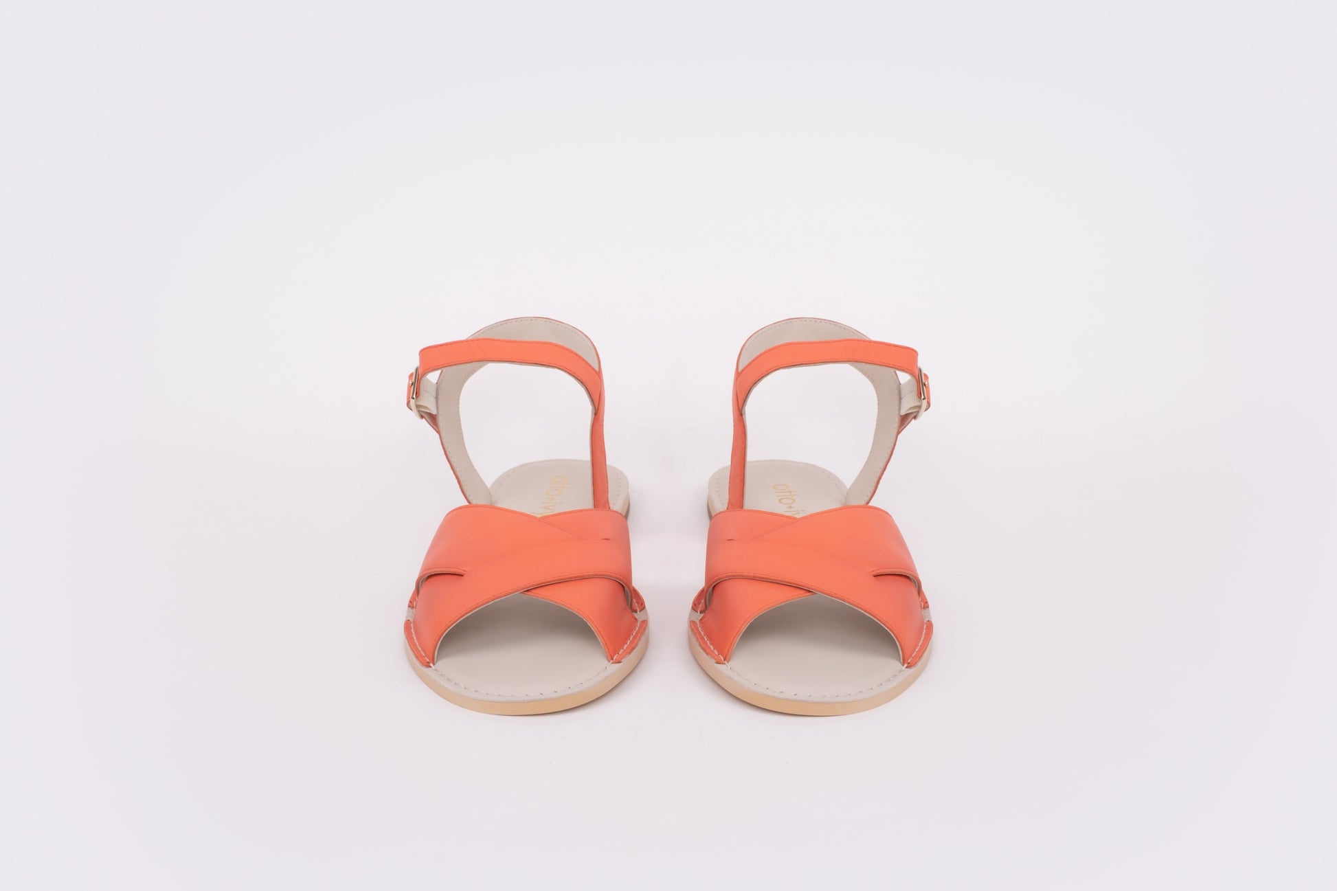 Front shot of womens orange coral leather large sizes sandal size 8 9 10 11 12 wide fit