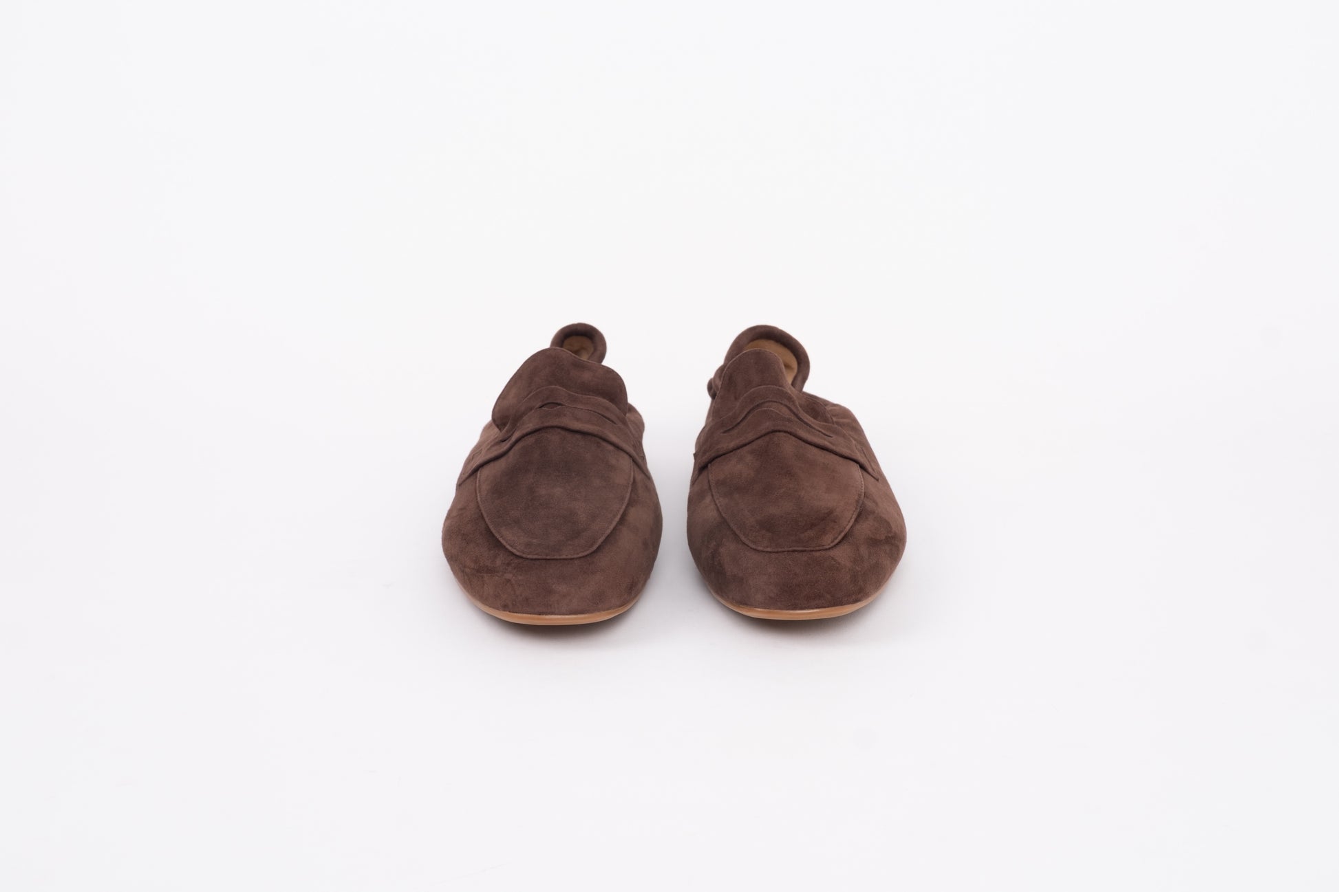 Front shot of womens brown suede stretch-back loafer in large size 42-46