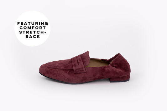 Side shot of womens burgundy suede womens loafer available in large sizes 42-46