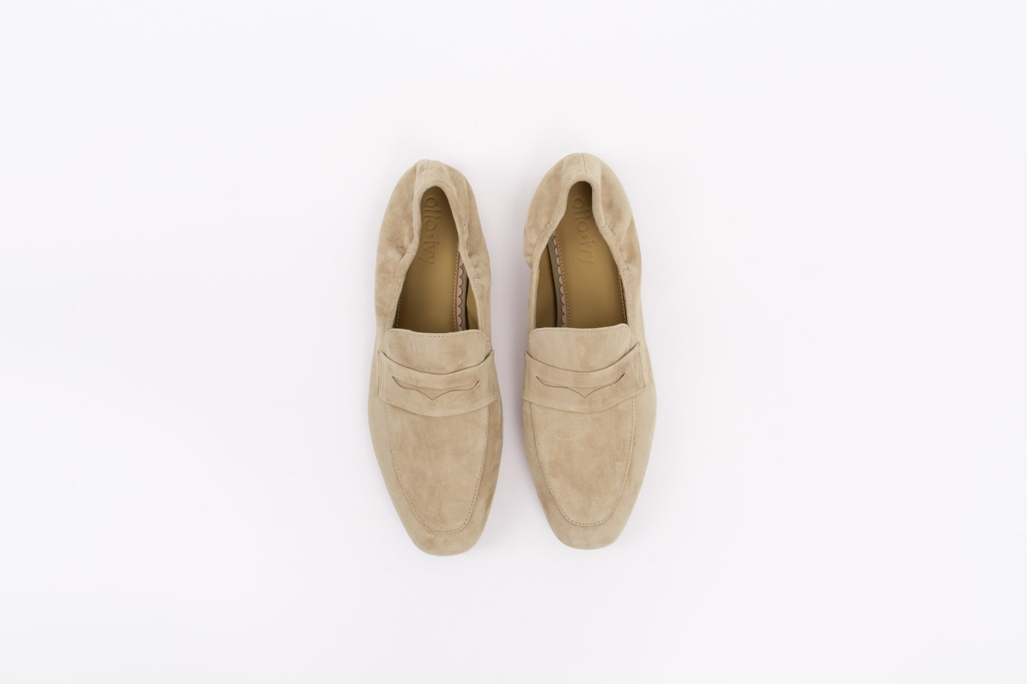 Aerial shot of womens beige latte coloured suede loafer in large sizes for big feet in 42 43 44 45 46