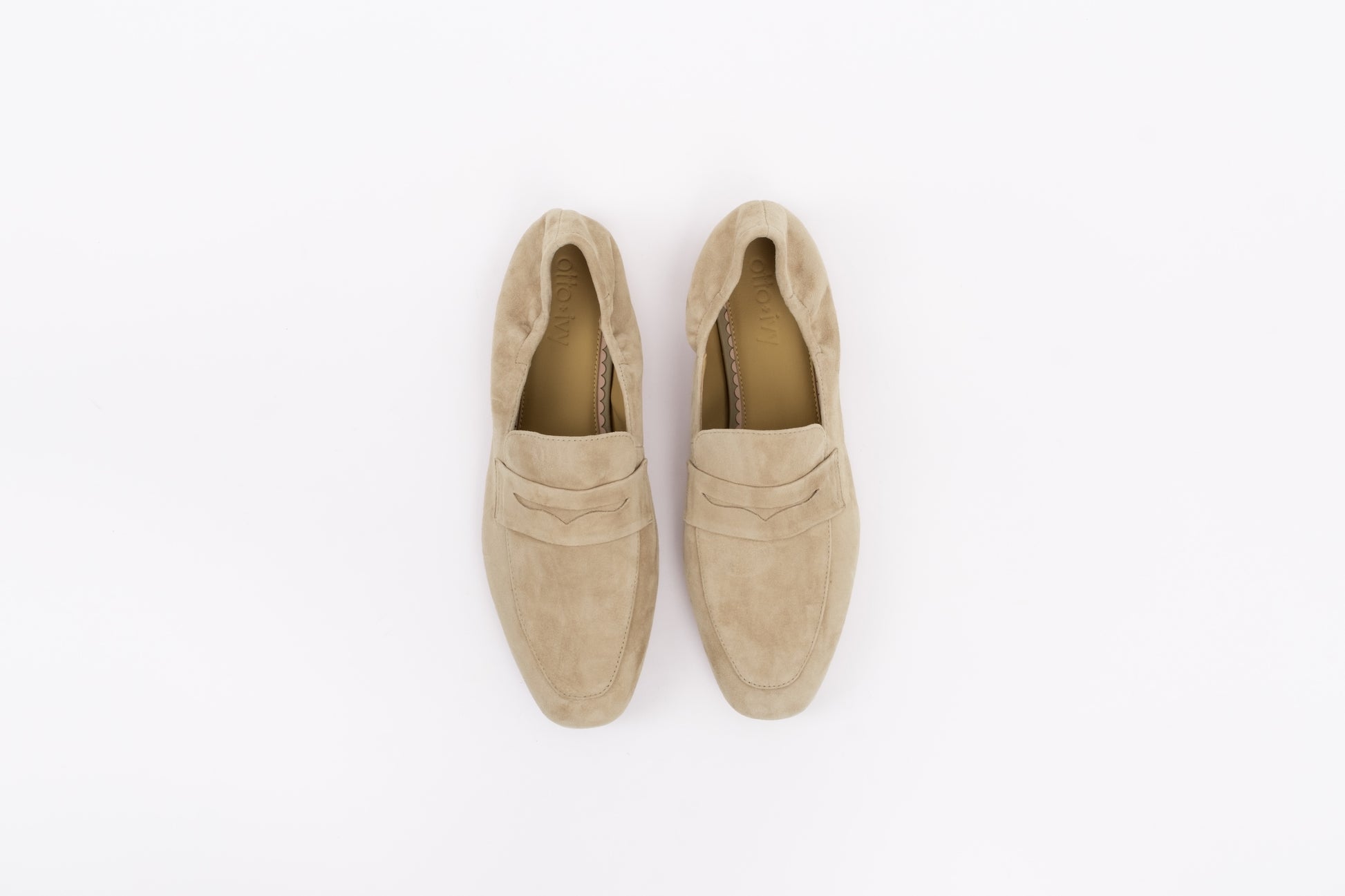 Aerial shot of womens beige latte coloured suede loafer in large sizes for big feet in 42 43 44 45 46