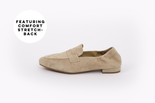 Side shot of womens beige suede loafer availablei in large sizes 42 43 44 45 46