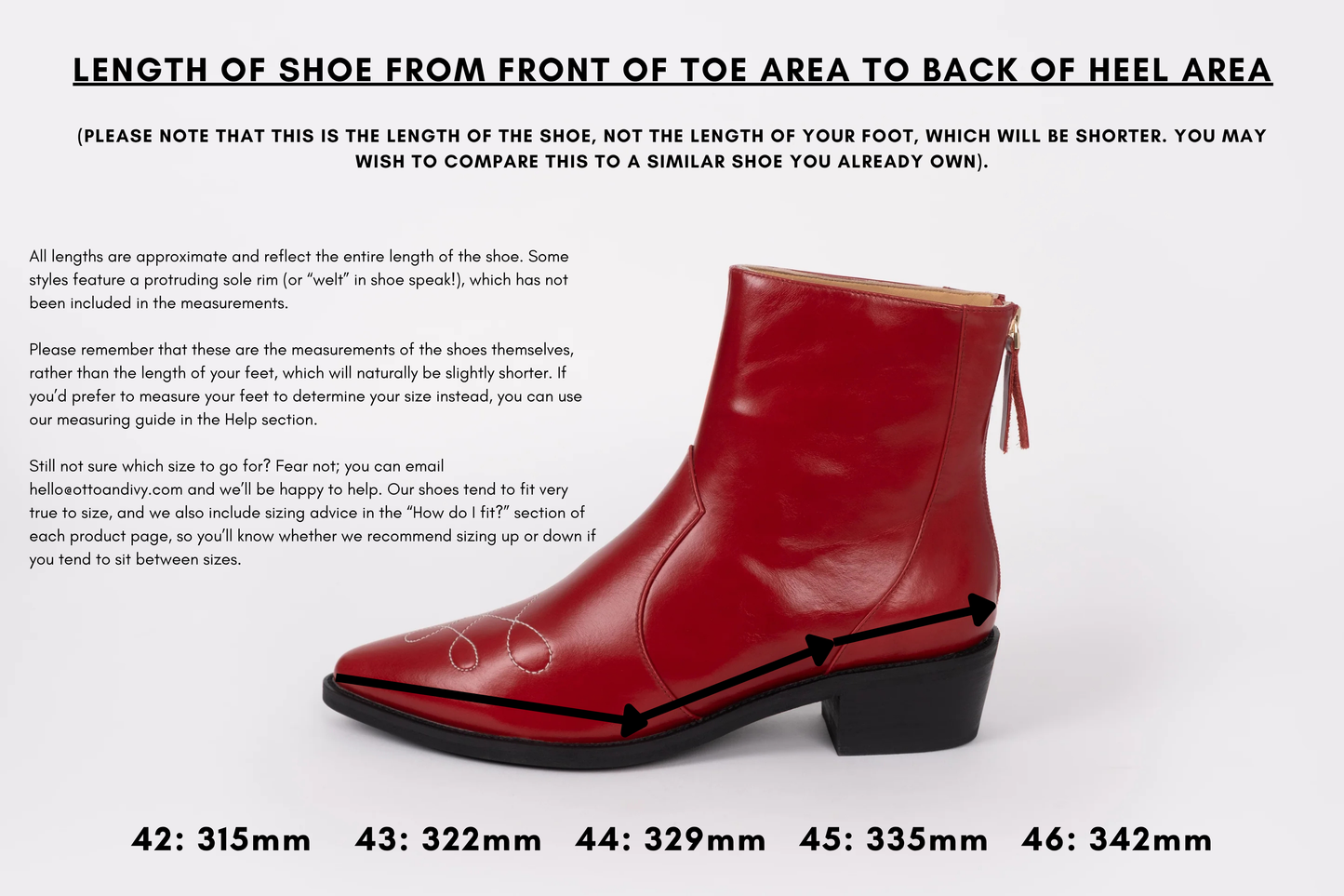 Measurement diagram displaying lengths of womens large size shoes in sizes 42,43,44,45 and 46.