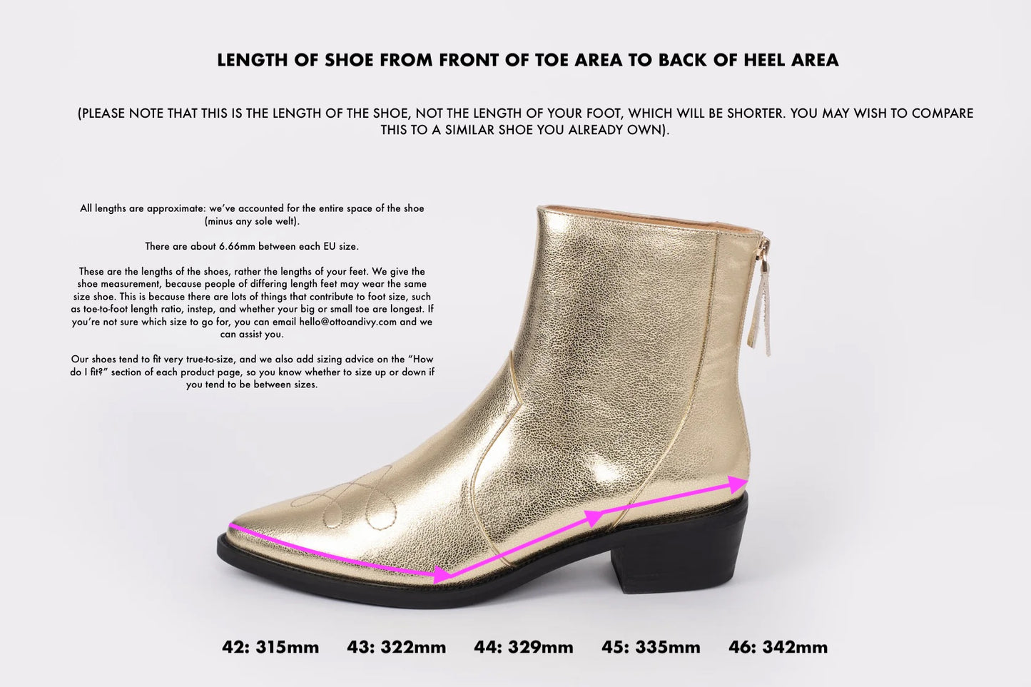 Length diagram of Phoebe boot displaying measurements of sizes 42-46