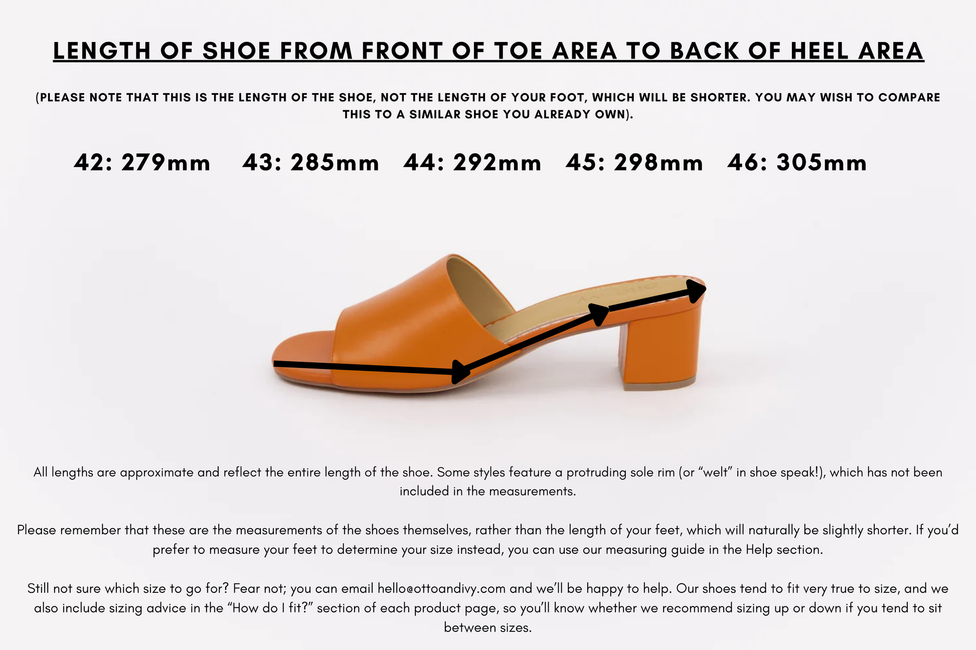 Measurement diagram displaying lengths of womens large size shoes in sizes 42,43,44,45 and 46.