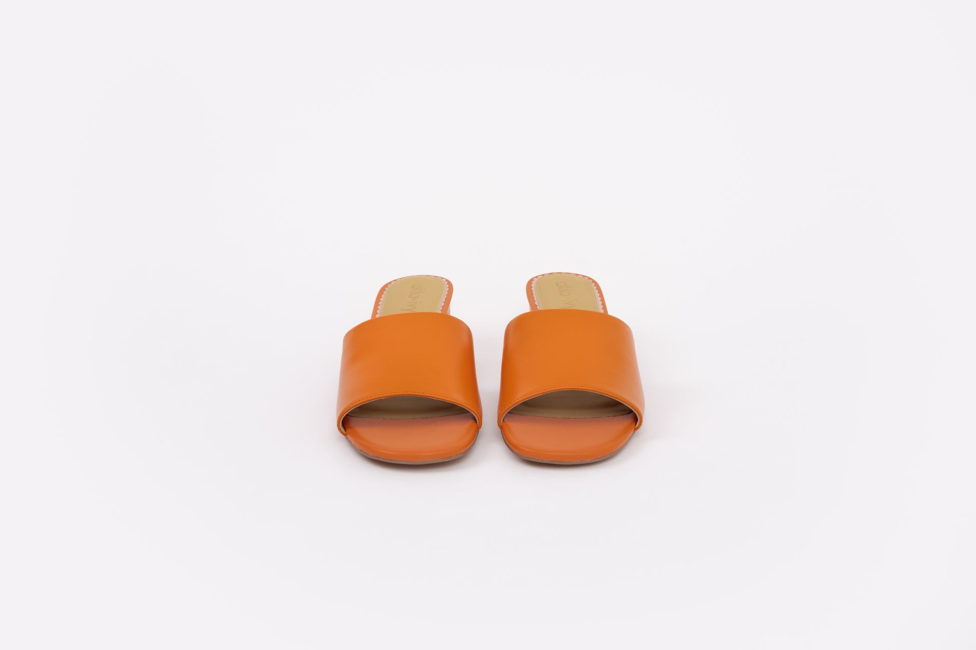 Front shot of womens orange heeled slip on sandals in larger sizes 42-46
