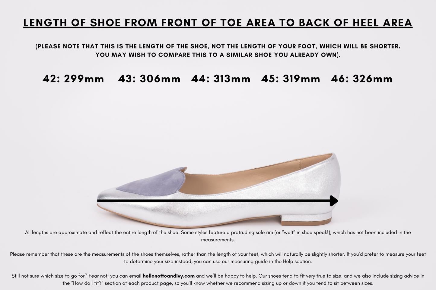 Measurement diagram displaying lengths of womens large size shoes in sizes 42,43,44,45 and 46.