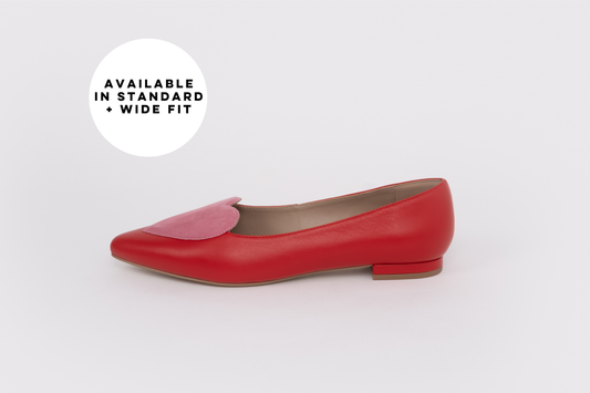 Red flat shoe with a pink heart on a white background large sized womens shoes in larger sizes 42-46
