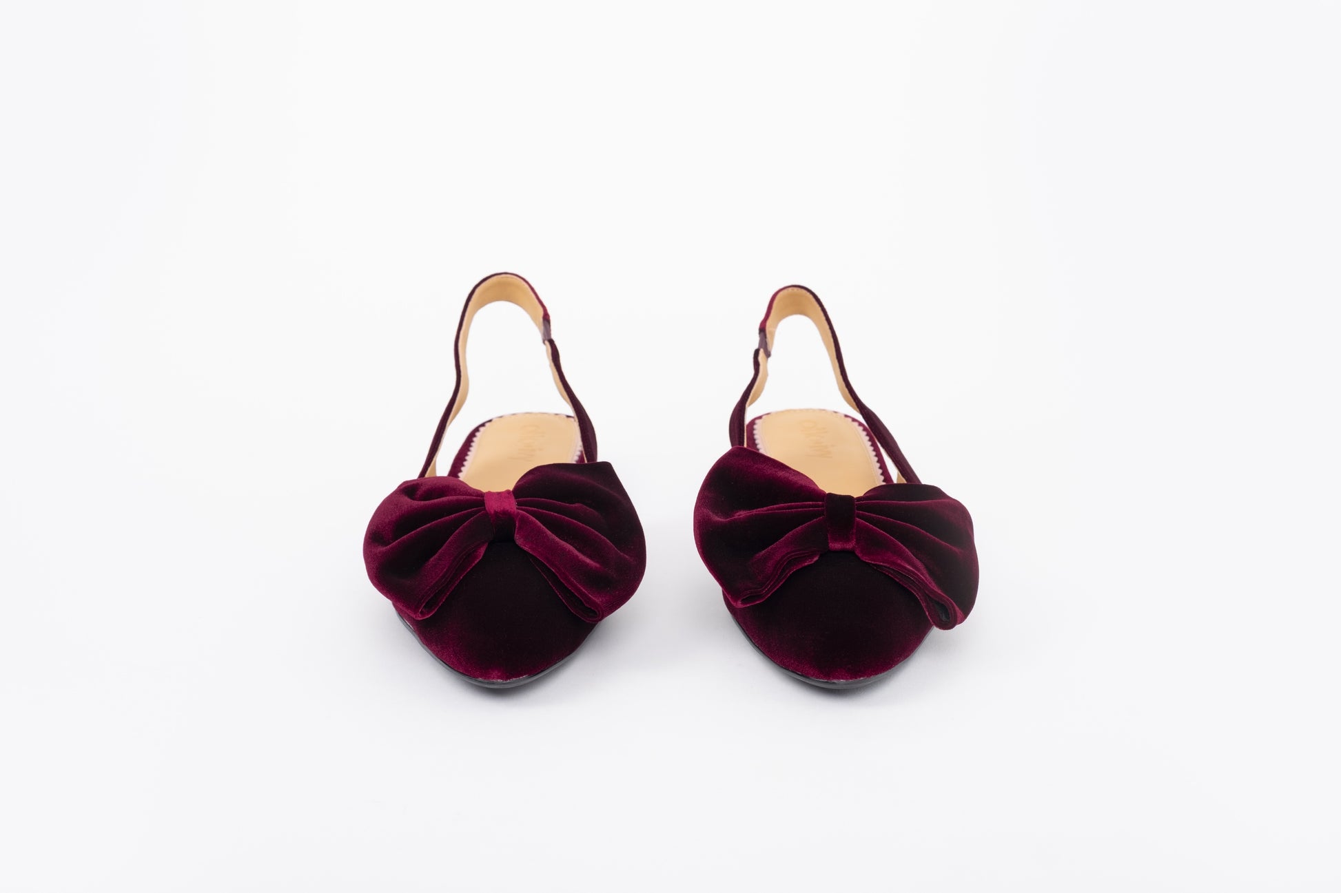 Front shot of womens berry velvet bow slingback flat shoe available in larger sizes 42 43 44 45 46