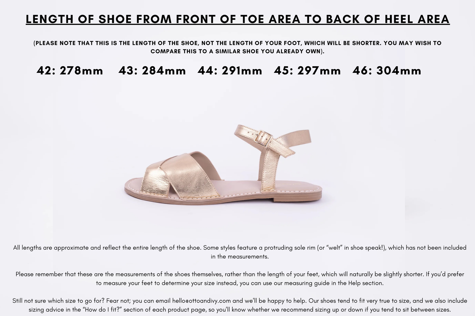 Measurement diagram displaying lengths of womens large size shoes in sizes 42,43,44,45 and 46.