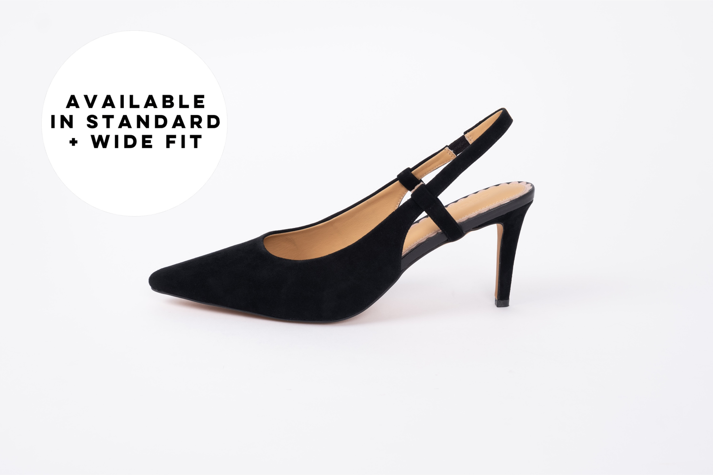 Black suede woman's large sized slingback heel available in sizes 42 43 44 45 46, standard and wide fit.