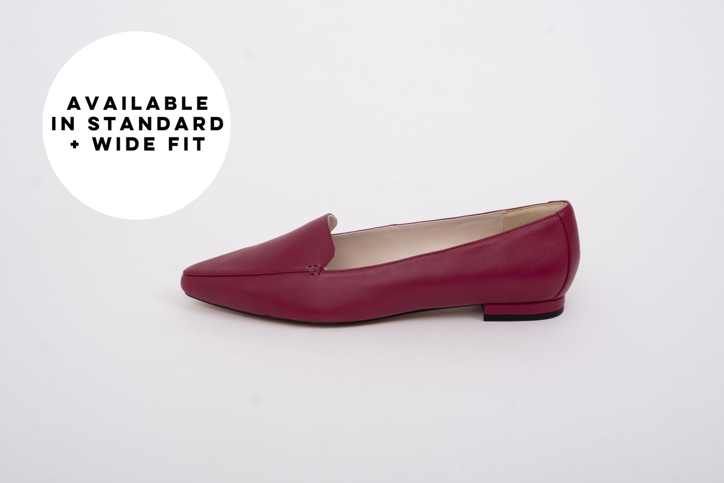 Side shot of Burgundy flat womens shoe in larger sizes, 42-46, standard and wide fit