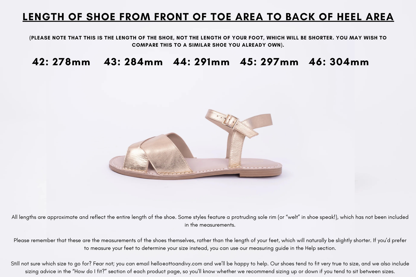 Measurement diagram displaying lengths of womens large size shoes in sizes 42,43,44,45 and 46.