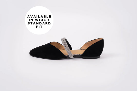 Side profile of Amber flat in black, a womens flat shoe with sparkly strap available in larger sizes 42-46