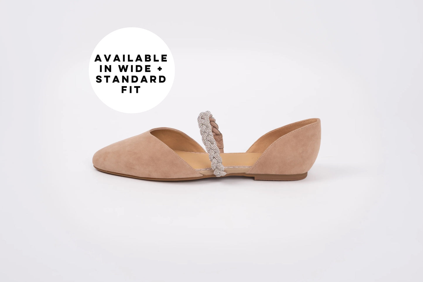 Side profile of Amber, a womens flat shoe available in larger sizes UK 8-12 standard and wide fit.