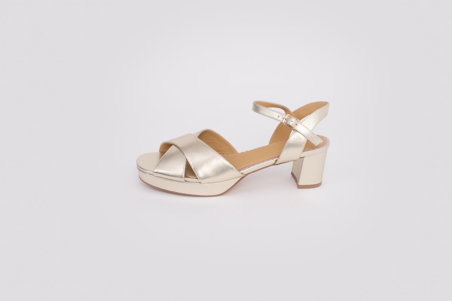 Side profile of Frankie Sandal in Gold, a womens block heel available in larger European sizes 42-46